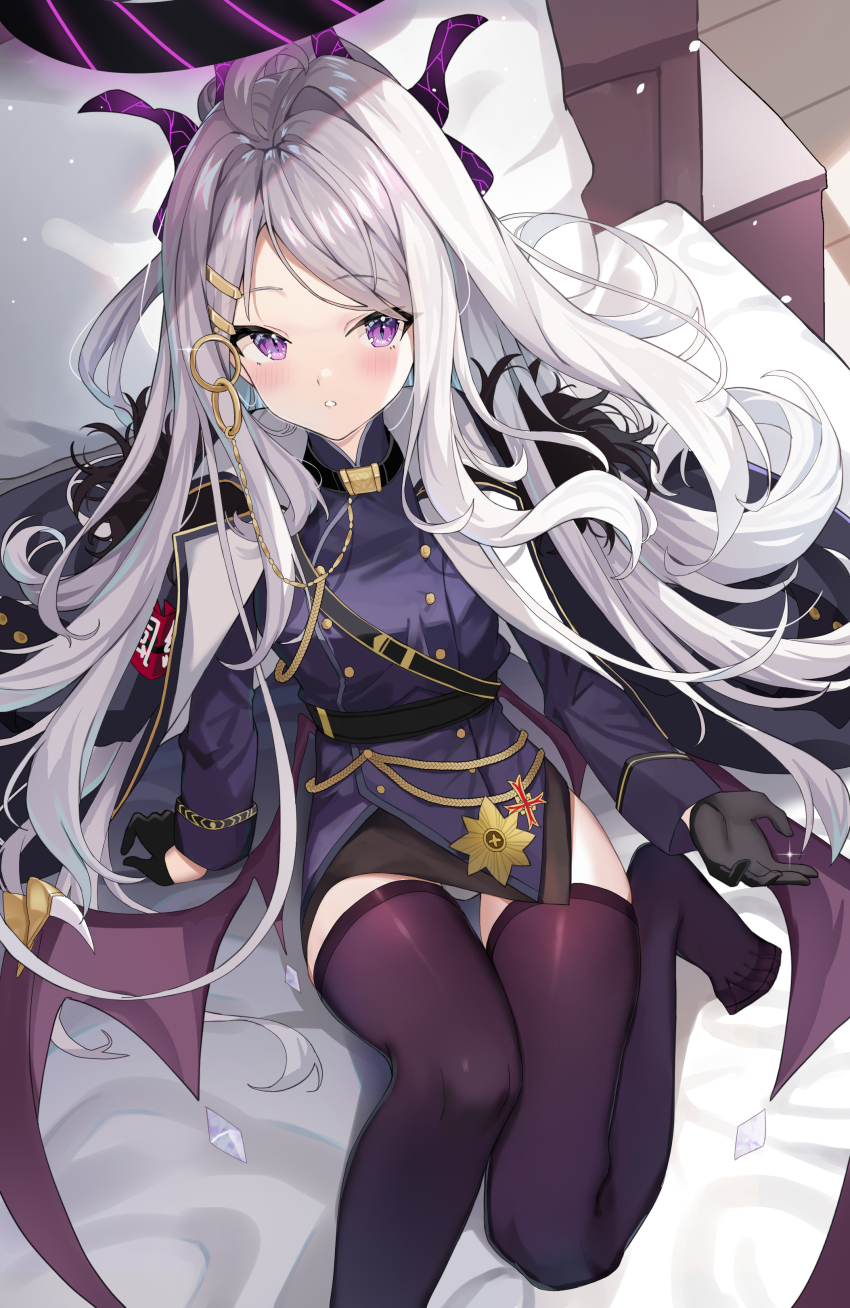 1girl absurdres ahoge belt black_belt black_gloves black_horns black_jacket black_skirt black_thighhighs blue_archive blush coat coat_on_shoulders commentary_request demon_girl demon_horns demon_wings diamond_(gemstone) foot_out_of_frame forehead fur-trimmed_coat fur_trim gloves grey_hair hair_intakes hair_ornament hair_spread_out hairclip halo hand_up highres hina_(blue_archive) horns indoors jacket long_hair long_sleeves looking_at_viewer low_wings mechanical_halo miniskirt multiple_horns on_bed panties parted_bangs parted_lips pencil_skirt pu_ht purple_eyes sidelocks sitting skirt slit_pupils solo sparkle thigh_gap thighhighs thighs toes underwear very_long_hair white_panties wings zettai_ryouiki