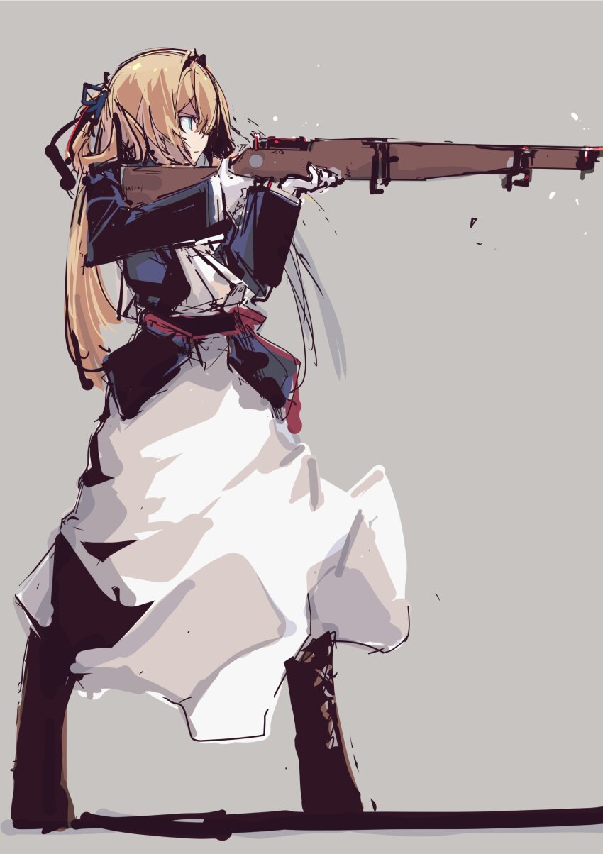 1girl absurdres blonde_hair blue_jacket bolt_action boots brown_boots closed_mouth commentary commentary_request dress full_body girls&#039;_frontline gloves green_eyes grey_background gun hair_between_eyes hair_ribbon highres holding holding_gun holding_weapon jacket long_hair long_skirt long_sleeves m1903_springfield red_sash ribbon rifle sash sidelocks simple_background sketch skirt solo springfield_(girls&#039;_frontline) standing weapon white_gloves white_skirt yoto_(rinlin2)