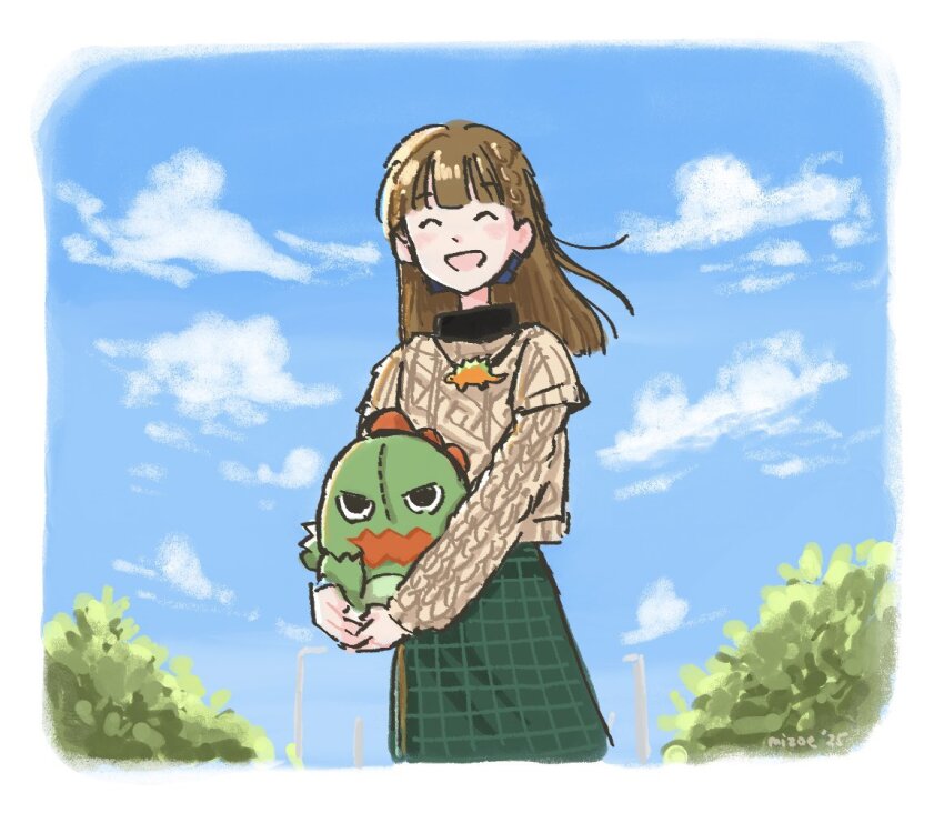 1girl 2025 :d ^_^ aran_sweater artist_name black_bow blue_sky blush bow braid brown_hair brown_sweater cable_knit center-flap_bangs closed_eyes cloud commentary cowboy_shot day gonzales_(love_live!) green_skirt hair_bow holding holding_stuffed_toy kachimachi_kosuzu kachimachi_kosuzu_(birdcage_casual) layered_sleeves link!_like!_love_live! long_hair long_sleeves love_live! mizoe open_mouth outdoors short_over_long_sleeves short_sleeves side_ahoge side_braids skirt sky smile solo split_mouth standing straight_hair stuffed_animal stuffed_dinosaur stuffed_toy sweater symbol-only_commentary virtual_youtuber