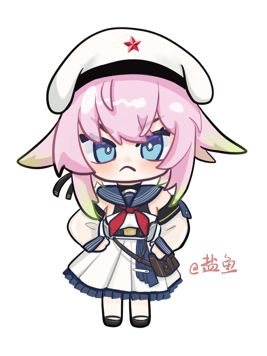 1girl artist_name bad_link beret blue_eyes blue_sailor_collar chibi chinese_text colored_tips detached_sleeves dress frown full_body gradient_hair green_hair hair_flaps hands_on_own_hips hat hat_ornament highres jinan_(warship_girls_r) long_sleeves looking_at_viewer multicolored_hair neckerchief pantyhose pink_hair red_neckerchief red_star sailor_collar simple_background solo standing star_(symbol) star_hat_ornament twitter_username v-shaped_eyebrows warship_girls_r white_background white_dress white_pantyhose yanyu404