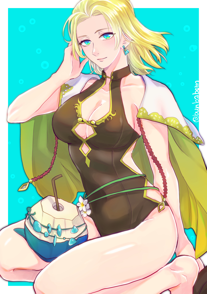 1girl adjusting_hair bare_legs blonde_hair blue_eyes breasts brown_one-piece_swimsuit cape cleavage cleavage_cutout clothing_cutout coconut_cup earrings fire_emblem fire_emblem:_the_sacred_stones fire_emblem_heroes highres jewelry kneeling large_breasts looking_at_viewer nintendo official_alternate_costume one-piece_swimsuit seiza selena_(fire_emblem:_the_sacred_stones) selena_(summer)_(fire_emblem:_the_sacred_stones) short_hair sitting smile swimsuit taguchi_(igutiguti) yellow_cape