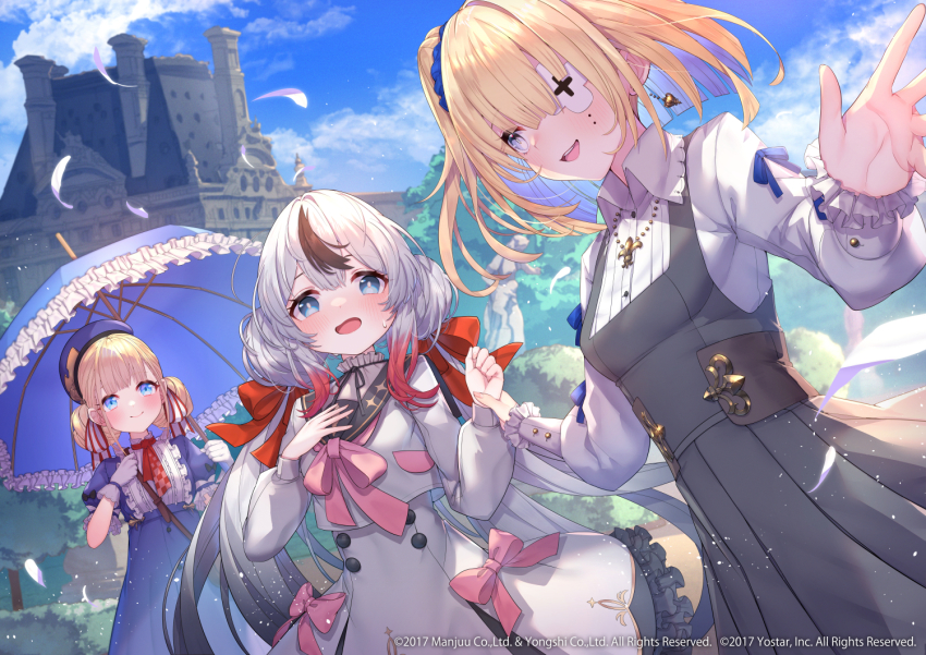 2017 3girls azur_lane black_dress black_hair blonde_hair blue_dress breasts castle center_frills closed_mouth dated double_bun dress eyepatch feathers frills gloves hair_bun hand_on_own_chest holding holding_umbrella kt._(kaisou-notagui) l&#039;indomptable_(azur_lane) le_terrible_(azur_lane) le_triomphant_(azur_lane) looking_at_another looking_at_viewer medium_breasts multicolored_hair multiple_girls official_art open_mouth outdoors smile streaked_hair teeth tree twintails umbrella upper_teeth_only white_dress white_gloves white_hair