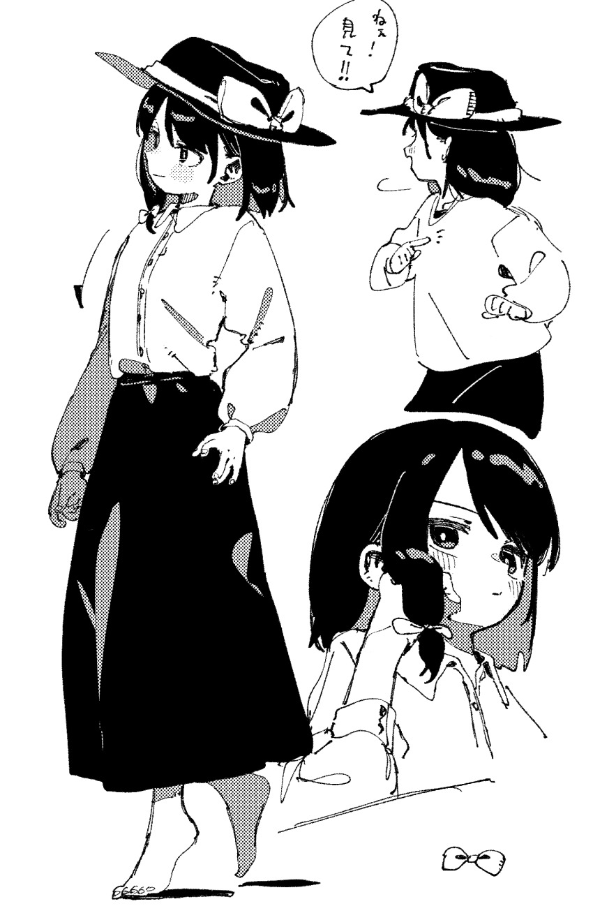 1girl barefoot bow buttons closed_mouth collared_shirt commentary fingernails full_body greyscale hair_bow halftone hand_in_own_hair hand_up hat hat_bow highres long_skirt long_sleeves looking_at_viewer looking_to_the_side medium_hair monochrome multiple_views nama_udon pointing screentones shirt simple_background skirt speech_bubble standing toenails touhou upper_body usami_renko white_background