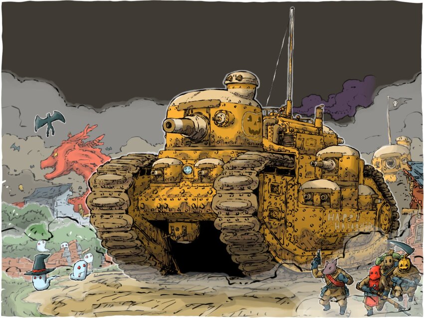 2024 6+boys antennae bat_(animal) cannon caterpillar_tracks english_text ghost halloween halloween_costume happy_halloween hat highres military_vehicle multiple_boys night original tank_turret vehicle_focus witch_hat yabarn