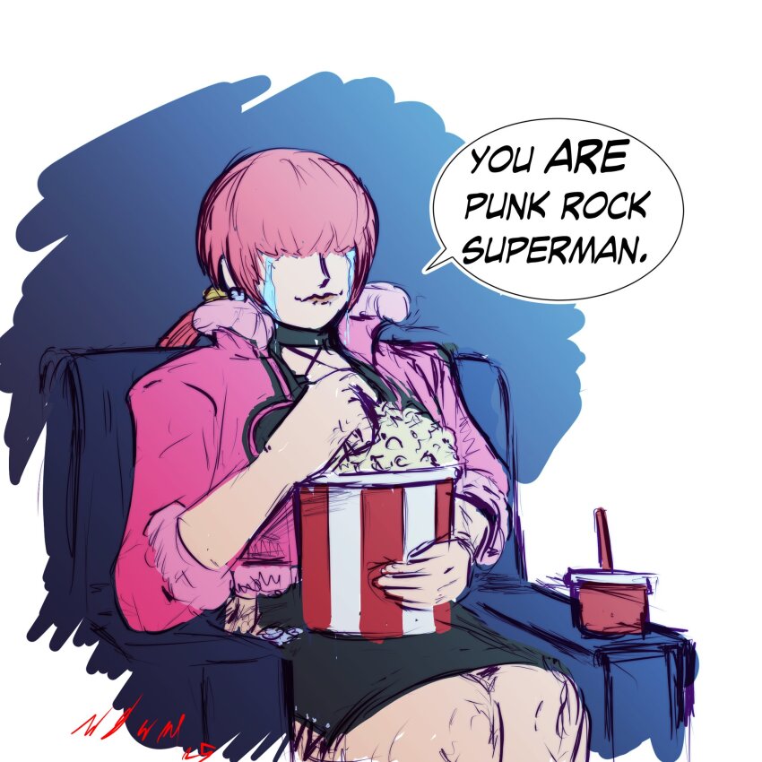 1girl chair cinematic couch dc_comics dress earrings female_focus fishnets fluffy food heart highres jacket jewelry long_hair movie_theater pale_skin ponytail popcorn red_hair shermie_(kof) sitting skirt soda superman superman_(series) taurence_bell the_king_of_fighters thick_thighs thighs