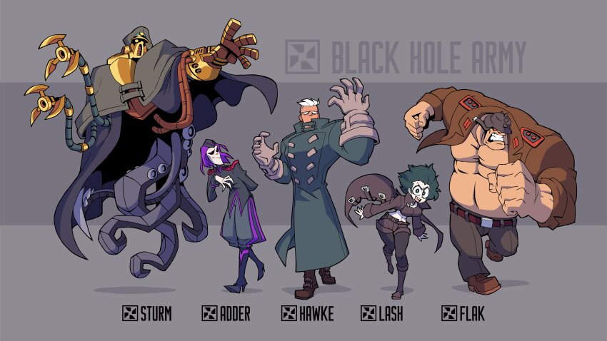 1girl 1other 3boys absurdres adder_(advance_wars) advance_wars black_eyes black_hair boots coat combat_helmet flak_(advance_wars) garrison_cap gloves hat hawke_(advance_wars) helmet highres lash_(advance_wars) looking_at_viewer mechanical_arms mechanical_tentacles midriff military military_hat military_uniform multiple_boys muscular purple_hair simple_background single_mechanical_arm stahlhelm standing sturm_(advance_wars) trench_coat vanripper white_hair
