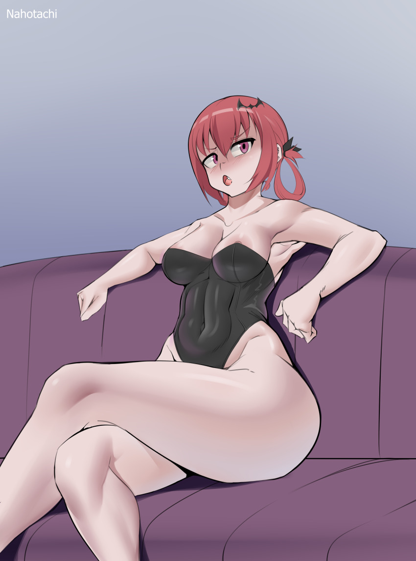 1girl absurdres armpits bat_hair_ornament blush breasts crossed_legs gabriel_dropout hair_ornament highres looking_at_viewer nahotachi nipples open_mouth pink_eyes purple_eyes red_hair satanichia_kurumizawa_mcdowell sitting thick_thighs thighs wide_hips
