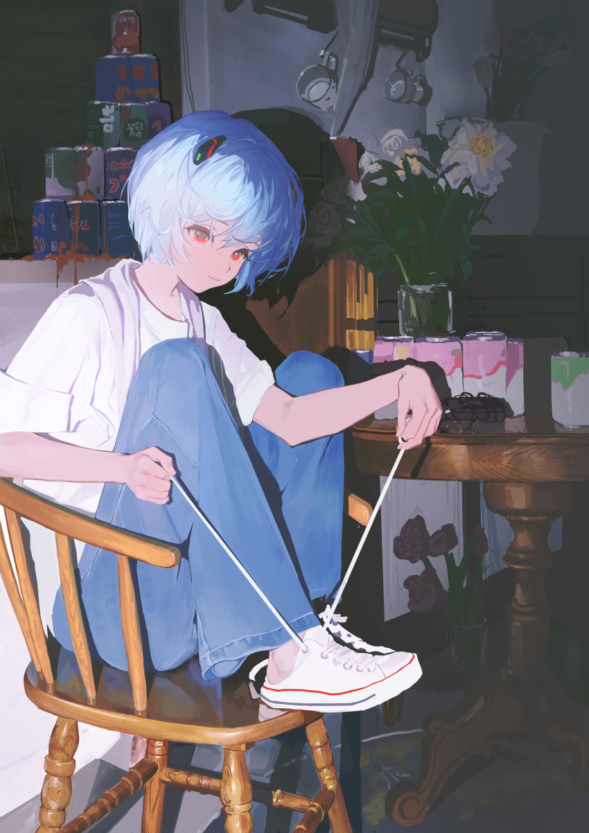 absurdres ayanami_rei blue_hair camera_flash can chair denim feet_on_chair flower highres jeans light_smile neon_genesis_evangelion on_chair pants red_eyes shadow shirt sitting slice_of_life table tying_footwear white_shirt zigou