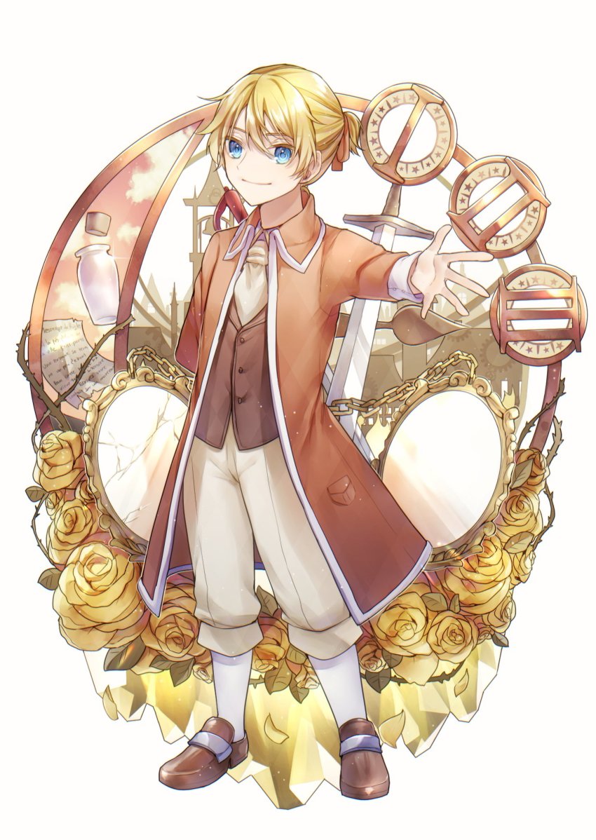 1boy aku_no_meshitsukai_(vocaloid) allen_avadonia aryuma772 ascot beige_pants bell_tower blue_eyes bottle broken_mirror brown_shoes chain clock_hands closed_mouth crystal evillious_nendaiki flower four_mirrors_of_lucifenia highres jacket kagamine_len letter long_jacket looking_at_viewer mirror open_clothes open_jacket orange_jacket orange_ribbon outstretched_arm petals ribbon roman_numeral rose shoes short_hair smile solo sword thorns twiright_prank_(vocaloid) vessel_of_sin vocaloid weapon yellow_flower yellow_rose