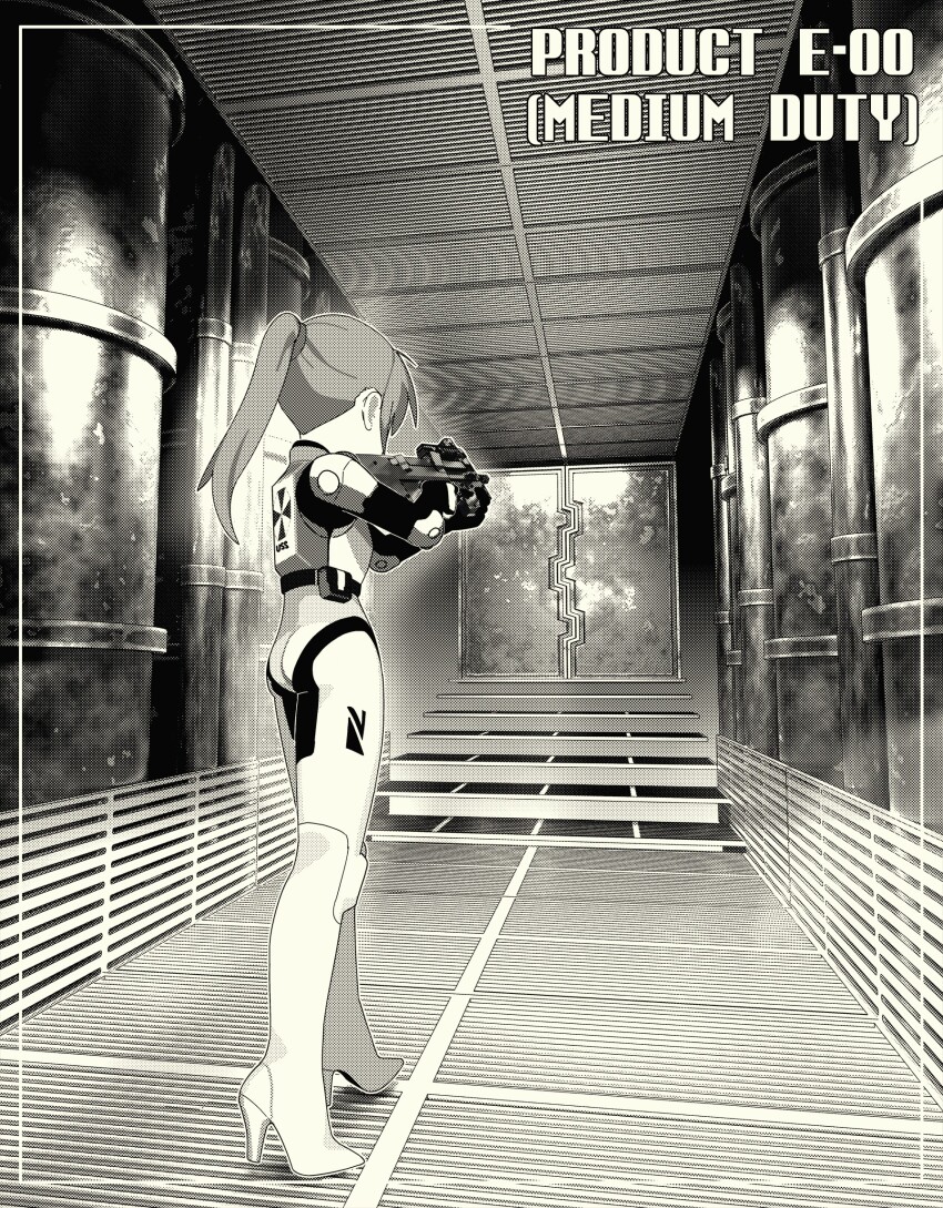 1girl ass bodysuit bullpup chikuwa_fan973 elza_walker from_behind greyscale gun high_heels highres holding holding_gun holding_weapon indoors medium_hair monochrome ponytail resident_evil solo stairs standing weapon