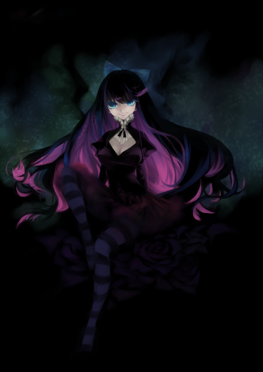 10s 1girl :&gt; absurdres black_theme blue_eyes cleavage_cutout clothing_cutout colored_inner_hair dark female_focus flower hair_ribbon highres legs long_hair multicolored_hair panty_&amp;_stocking_with_garterbelt ribbon sitting smile solo stocking_(psg) striped_clothes striped_thighhighs thighhighs yukino_neko