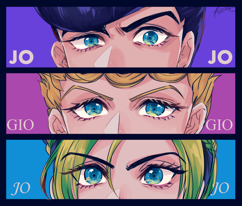 1girl 2boys black_hair blonde_hair blue_eyes close-up diamond_wa_kudakenai eye_focus eyelashes giorno_giovanna green_hair higashikata_josuke highres jojo_no_kimyou_na_bouken kogatarou kuujou_jolyne multicolored_hair multiple_boys persona_eyes pompadour purple_hair stone_ocean two-tone_hair vento_aureo