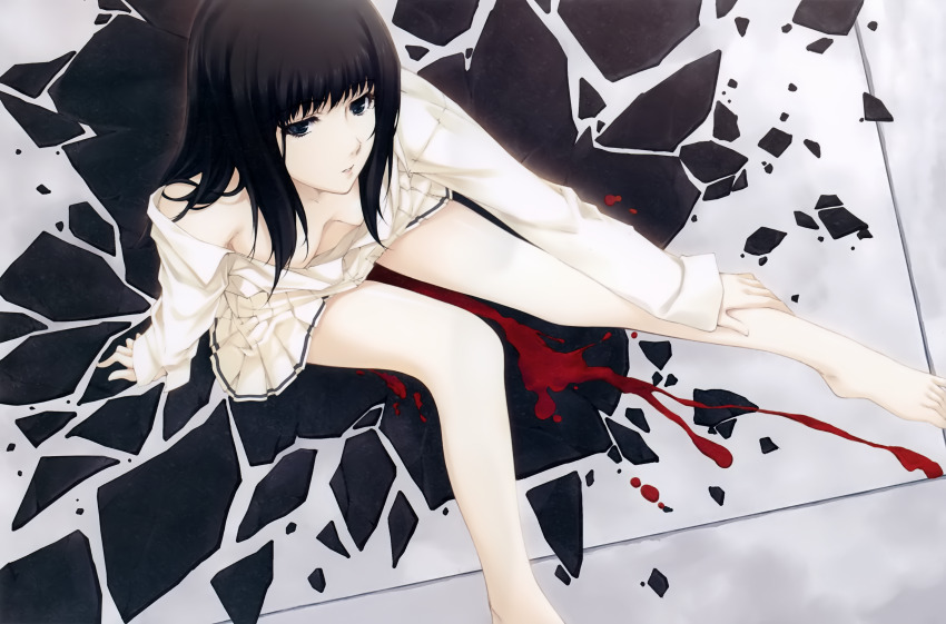 1girl absurdres bare_legs barefoot black_eyes black_hair blood breasts cleavage hand_on_own_leg highres innocent_grey kara_no_shoujo kuchiki_touko long_hair looking_at_viewer looking_up medium_breasts no_bra official_art open_clothes open_shirt scan school_uniform shards shattered sitting skirt solo sugina_miki white_skirt