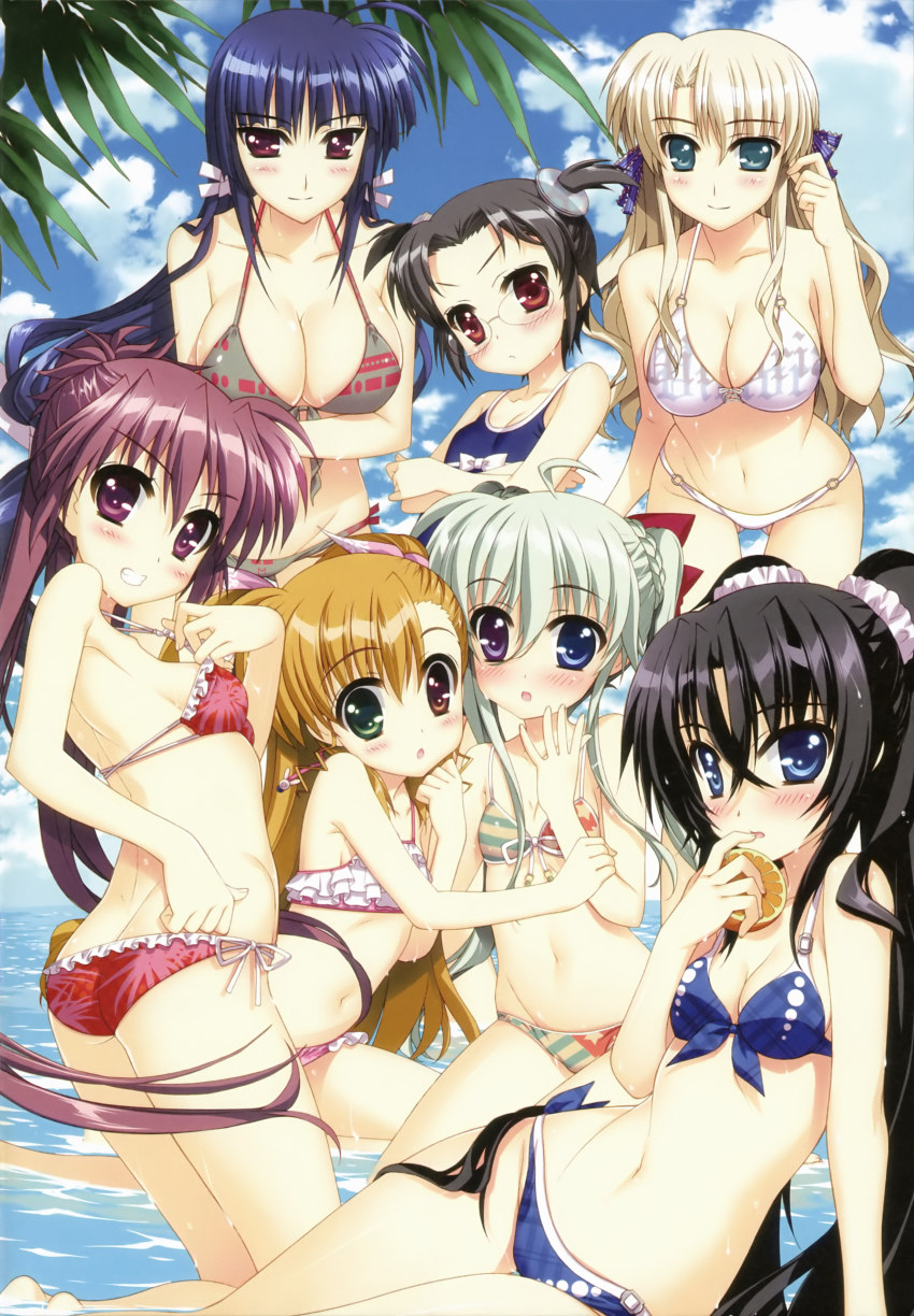 10s 6+girls :o absurdres arm_grab arm_support ass beach bikini bikini_pull black_hair blonde_hair blue_eyes blush breasts cleavage clothes_pull crossed_arms day einhard_stratos els_tasmin finger_to_mouth flat_chest food frilled_bikini frills front-tie_top fruit fujima_takuya glasses green_eyes green_hair grin hair_ribbon harry_tribeca heterochromia highres large_breasts leaning_forward long_hair looking_at_viewer looking_back lyrical_nanoha mahou_shoujo_lyrical_nanoha mahou_shoujo_lyrical_nanoha_vivid mikaya_chevelle midriff multiple_girls navel o-ring o-ring_bottom o-ring_top ocean official_art one-piece_swimsuit orange_(fruit) orange_hair pink_hair ponytail pulling_own_clothes purple_eyes purple_hair red_eyes red_hair ribbon scrunchie side-tie_bikini_bottom sieglinde_eremiah small_breasts smile strap_lift swimsuit thigh_gap twintails very_long_hair viktoria_dahlgrun vivio water wet yuri