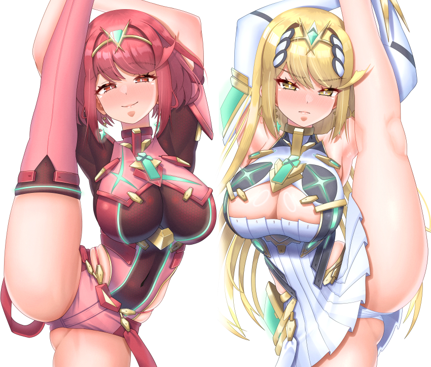 2girls absurdres arm_guards armor armpits ass bare_shoulders black_gloves blonde_hair blush bob_cut breasts chest_jewel cleavage cleavage_cutout clothing_cutout commentary_request core_crystal_(xenoblade) covered_navel dress earrings elbow_gloves fingerless_gloves floating_earrings gloves half-closed_eyes highres impossible_clothes jewelry large_breasts leg_up long_hair meipasuye micro_shorts microdress multiple_girls mythra_(xenoblade) neon_trim panties pantyshot pyra_(xenoblade) red_eyes red_hair red_shorts short_hair short_shorts short_sleeves shorts shoulder_armor smile split standing standing_on_one_leg standing_split suspenders swept_bangs thighhighs tiara underwear very_long_hair white_dress white_gloves white_panties xenoblade_chronicles_(series) xenoblade_chronicles_2 yellow_eyes