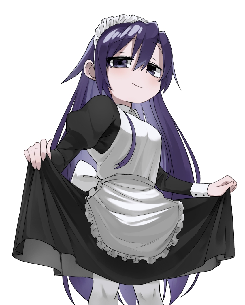 1girl apron black_dress closed_mouth curtsey dress fusuma_(suwaru_boom) goshiki_agiri highres juliet_sleeves kill_me_baby long_hair long_sleeves maid maid_apron maid_headdress pantyhose puffy_sleeves purple_eyes purple_hair simple_background smile solo very_long_hair white_apron white_background white_pantyhose