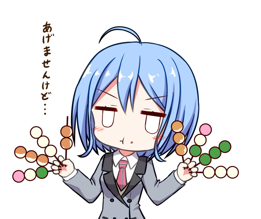 1girl :t ahoge blazer blue_hair blush buttons commentary dango deformed double-breasted eating food food_on_face getsuyoshi grey_jacket highres holding holding_skewer jacket jitome long_sleeves looking_at_viewer mitarashi_dango nakano_rinka necktie plaid_clothes plaid_necktie re:stage! red_necktie sanshoku_dango school_uniform shirt short_hair simple_background skewer solo translated upper_body wagashi white_background white_shirt