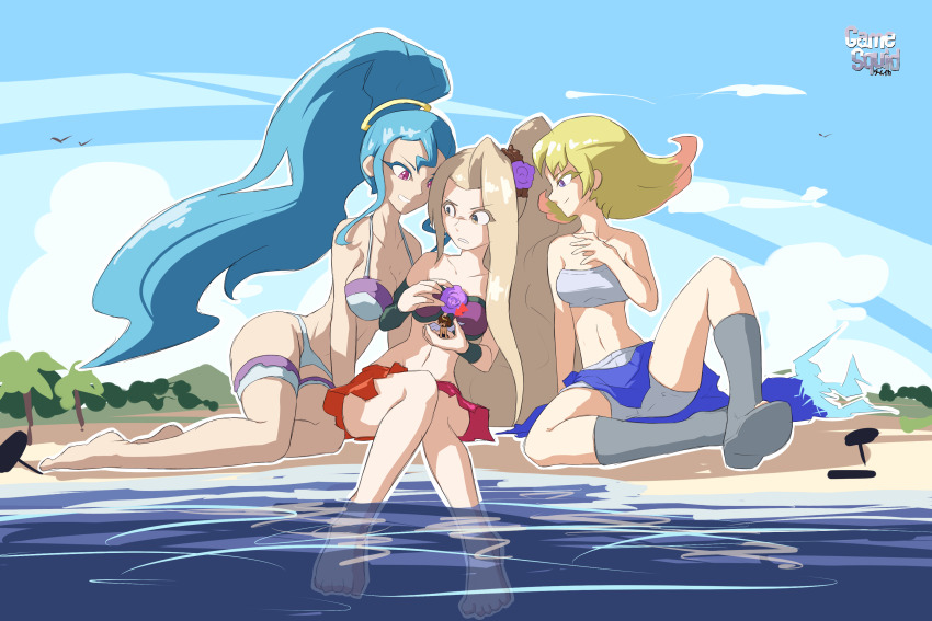 1boy 3girls absurdres alternate_costume amazon_pandora armored_leotard barefoot beach blonde_hair blue_hair breasts brown_hair cleavage female_focus gamesquid giant giantess highres kid_icarus kid_icarus_uprising large_breasts leotard long_hair medium_breasts multiple_girls nintendo phosphora pit_(kid_icarus) purple_eyes short_hair signature size_difference swimsuit tagme thick_thighs thighs viridi wide_hips