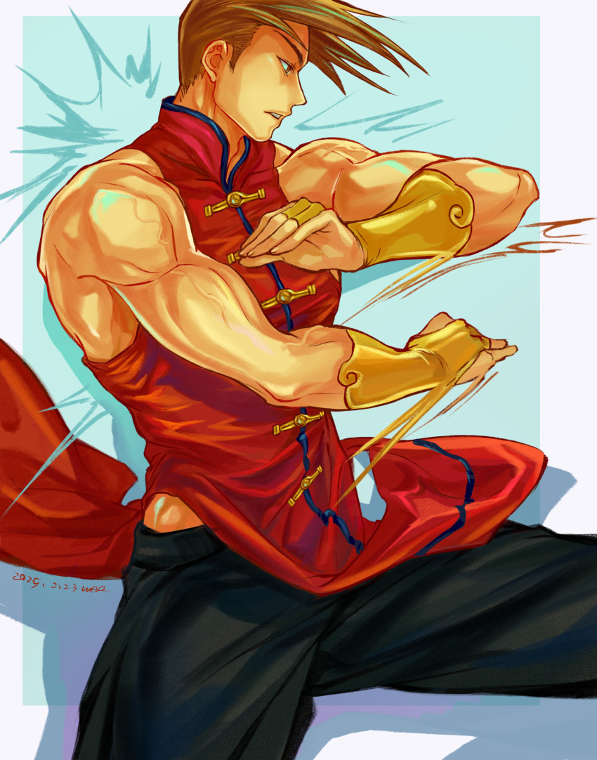 1boy absurdres arms_up black_pants bridal_gauntlets brown_eyes brown_hair chinese_clothes feet_out_of_frame highres long_bangs male_focus mandarin_collar motion_blur motion_lines muscular muscular_male pants profile red_shirt shirt short_hair sideburns sleeveless solo street_fighter street_fighter_iii_(series) war6057265 yang_lee yellow_bridal_gauntlets