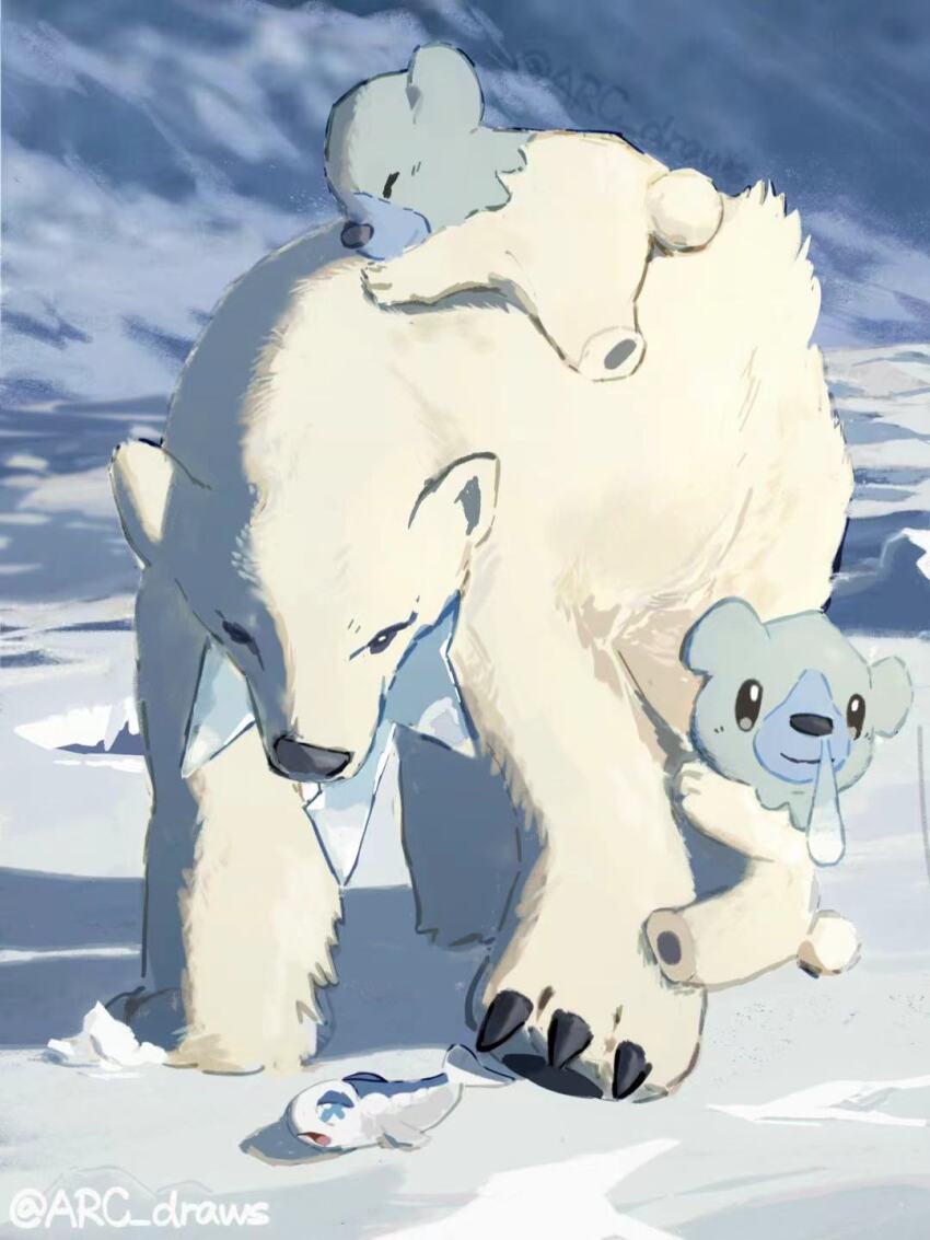animal_focus arc_draws bear beartic claws cubchoo day evolutionary_line gen_5_pokemon gen_7_pokemon highres looking_down nintendo no_humans outdoors pokemon pokemon_(creature) polar_bear riding riding_pokemon white_fur wishiwashi
