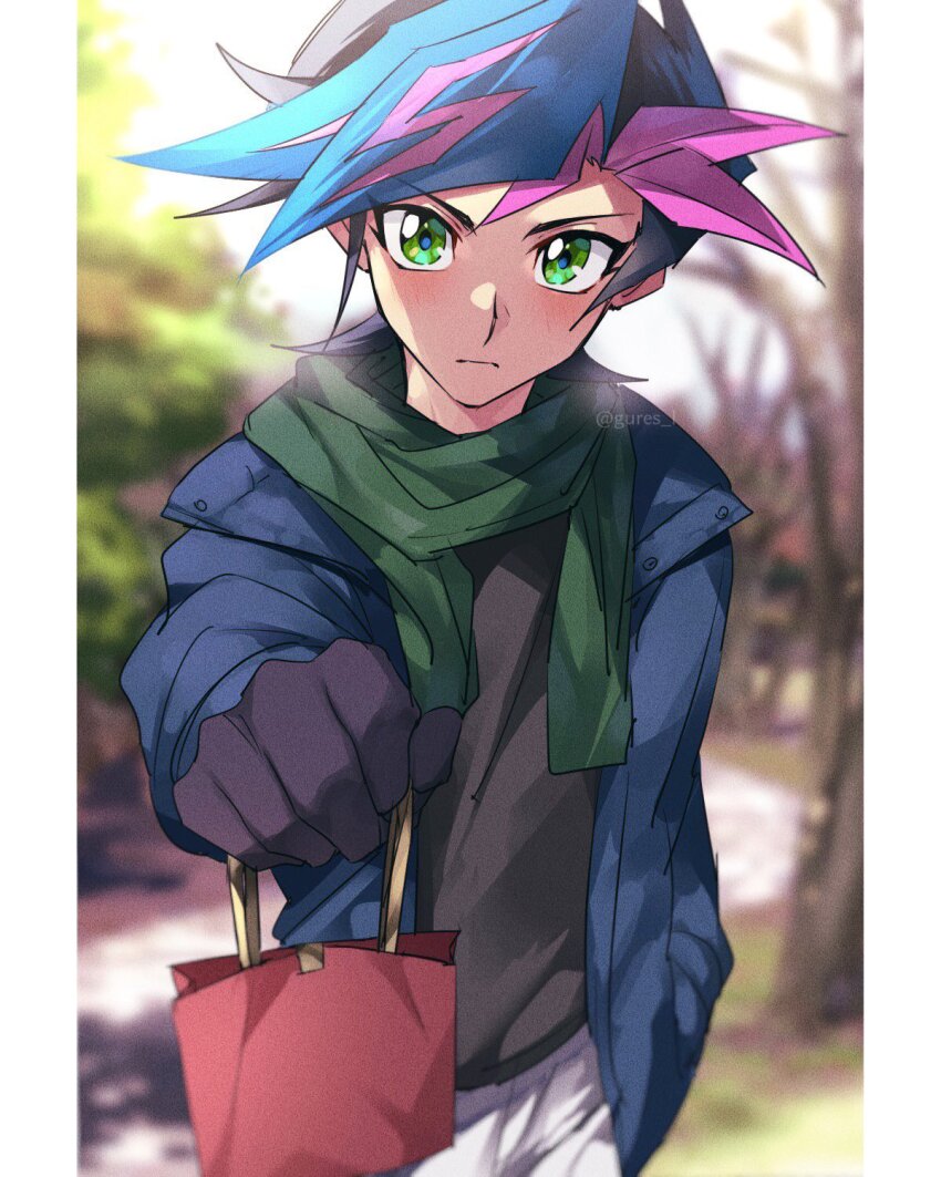 1boy bag black_gloves black_hair black_shirt blue_jacket blurry blurry_background blush border breath clear_sky clenched_hand cold colored_bangs commentary dappled_sunlight expressionless facing_viewer fujiki_yusaku gift gift_bag gloves grass green_eyes green_scarf hand_in_pocket highres holding holding_bag holding_gift incoming_gift jacket leaf looking_at_viewer male_focus mayona_(mayona1poke) open_clothes open_jacket outdoors outstretched_arm pants red_bag scarf shirt sidewalk sky spiked_hair sunlight tree twitter_username white_border white_pants yu-gi-oh! yu-gi-oh!_vrains