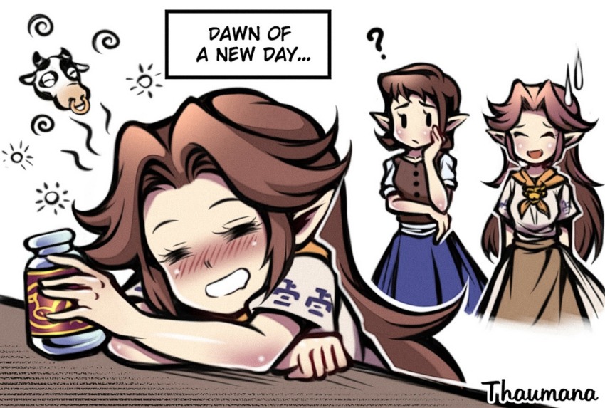 3girls ? anju_(zelda) artist_name blue_skirt blush brown_hair brown_vest child closed_eyes cremia drunk english_text female_focus hand_on_own_face long_hair multiple_girls neckerchief nintendo orange_neckerchief parted_bangs pointy_ears romani_(zelda) shirt short_hair short_sleeves sidelocks skirt sweatdrop thaumana the_legend_of_zelda the_legend_of_zelda:_majora&#039;s_mask vest white_shirt