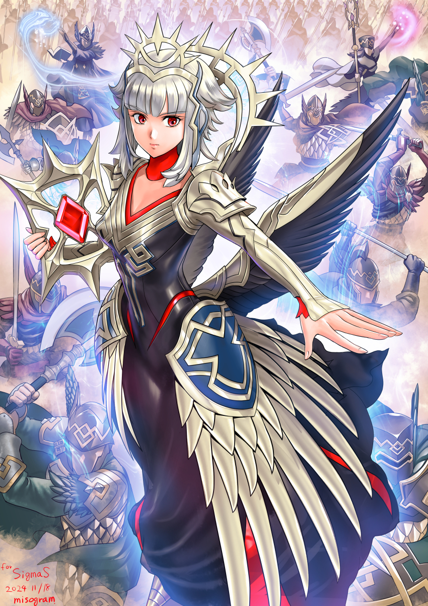1girl absurdres armor armored_dress axe black_dress book breasts cleavage closed_mouth commentary_request commission dated dress fingernails fire_emblem fire_emblem_heroes gold_trim grey_hair helmet highres holding holding_axe holding_book holding_polearm holding_sword holding_weapon lips long_sleeves looking_at_viewer medium_breasts misogram nintendo official_alternate_costume official_style parody pink_lips polearm red_eyes short_hair short_hair_with_long_locks sidelocks skeb_commission spear staff style_parody sword tiara veronica_(fire_emblem) veronica_(princess_rising)_(fire_emblem) weapon