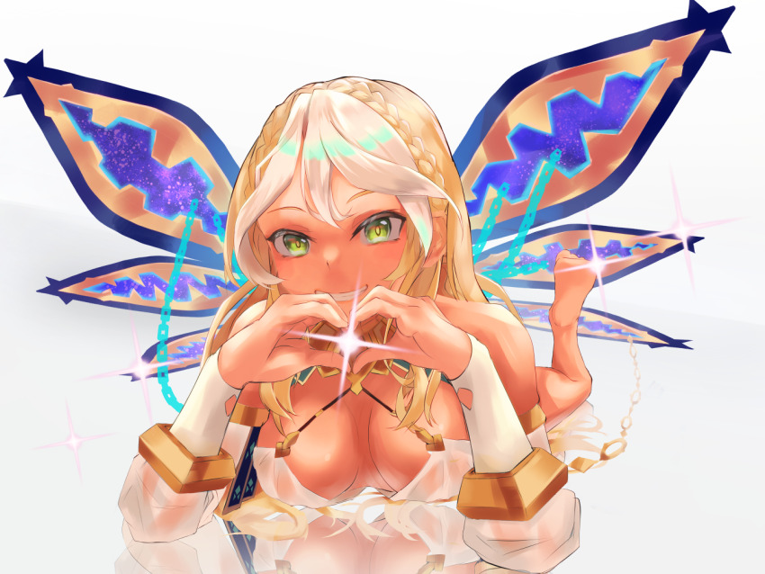 1girl andromeda_(fate) andromeda_(first_ascension)_(fate) armlet bare_shoulders barefoot blonde_hair blush braid breasts chain cleavage collar crown_braid cuffs dark-skinned_female dark_skin detached_sleeves dress fate/grand_order fate_(series) gold_teeth green_eyes grin hair_ornament heart heart_hands jaws jewelry large_breasts long_hair looking_at_viewer low_twintails lying metal_collar multicolored_hair on_stomach rauraroro_int shackles sidelocks smile solo sparkle twintails two-tone_hair white_dress white_hair