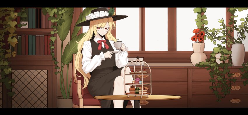 1641_(chfhrtor94) 1girl absurdres black_hat black_skirt black_vest blonde_hair book bookshelf cake cake_slice chair collared_shirt commentary crossed_legs cup cupcake dolls_in_pseudo_paradise drawer duplicate flower food hat hat_ornament highres holding holding_cup indoors jacket_girl_(dipp) leaf_hat_ornament letterboxed long_sleeves macaron neck_ribbon plant potted_plant red_eyes red_flower red_ribbon ribbon saucer shirt sitting skirt smile solo table teacup tiered_tray touhou vase vest vines white_shirt window
