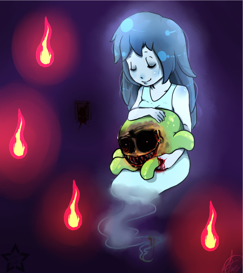 1girl artist_name blood blood_on_hands blood_on_teeth blue_hair closed_eyes creepy creepy_eyes fangs ghost_tail gidan-kuroki highres horror_(theme) smile spooky&#039;s_house_of_jump_scares spooky_(shojs) teeth watermark