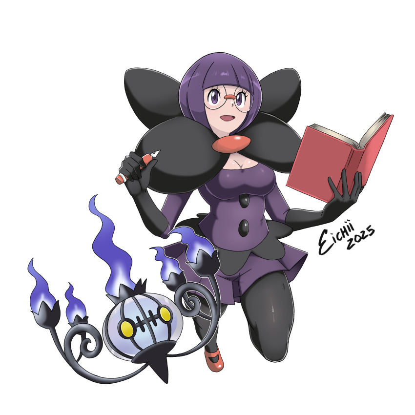 1girl :d alternate_breast_size black_gloves black_pantyhose black_scarf blunt_bangs book breasts chandelure cleavage commentary dress eyelashes gen_5_pokemon glasses gloves hands_up highres holding holding_book holding_pen leg_up looking_up nintendo okumura_eichii open_mouth pantyhose pen pokemon pokemon_(creature) pokemon_bw purple_dress purple_eyes purple_hair scarf shauntal_(pokemon) shoes short_hair signature smile white_background