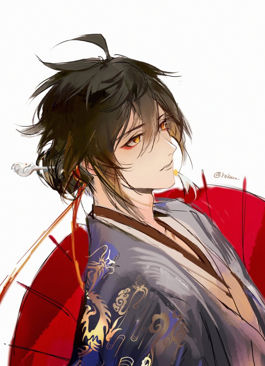1boy alternate_hairstyle chinese_clothes eyeliner genshin_impact hair_ornament hairpin hanfu highres makeup red_eyeliner red_umbrella rokuon solo solo_focus twitter umbrella updo white_background zhongli_(genshin_impact)