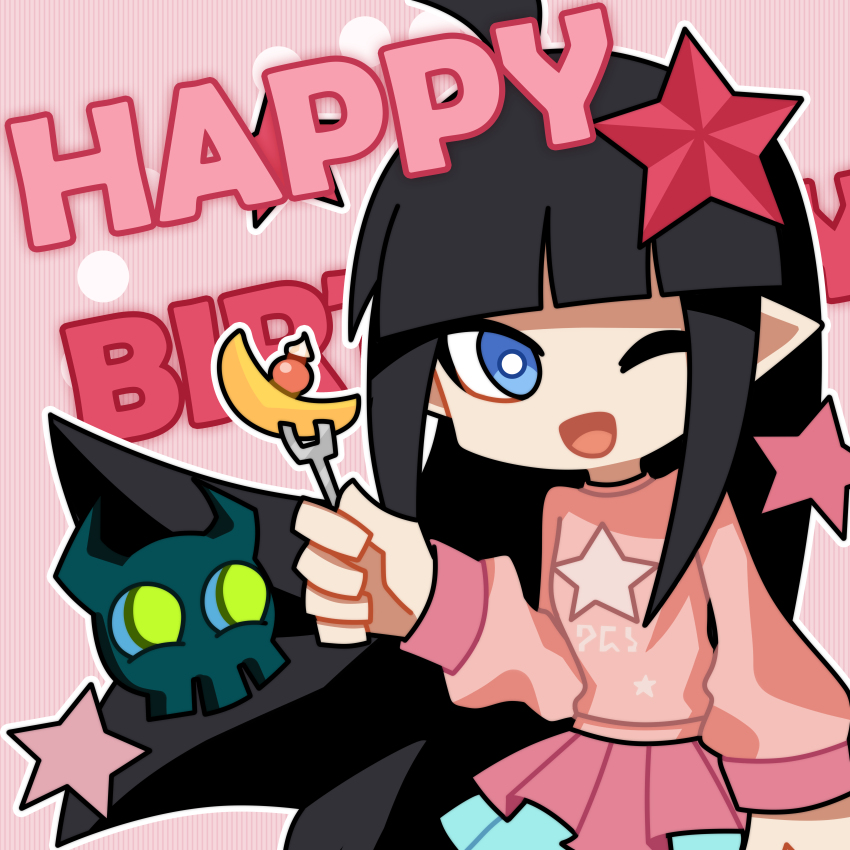 1girl ;d absurdres ahoge aotu_world black_hair blue_eyes blue_skirt blunt_bangs chibi chibi_only chinese_commentary creature food fork green_eyes hair_ornament happy_birthday highres holding holding_fork kaili_(aotu_world) layered_skirt long_hair looking_at_viewer official_art old_bone_(aotu_world) one_eye_closed open_mouth pink_shirt pink_skirt pleated_skirt pointy_ears print_shirt qi_chuang_she shirt skirt smile solo star_(symbol) star_hair_ornament star_print