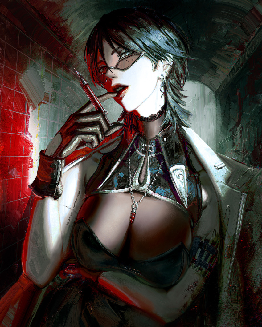 1girl arm_tattoo arm_under_breasts armlet black_gloves black_hair breasts cleavage cleavage_cutout clothing_cutout commentary dress ear_piercing earrings english_commentary finger_to_mouth flowersbloodart gloves grey_eyes highres holding holding_syringe jacket jacket_on_shoulders jewelry large_breasts looking_at_viewer looking_over_eyewear medium_hair necklace original parted_bangs parted_lips piercing red_lips scalpel sleeveless sleeveless_dress solo sunglasses syringe tattoo tile_wall tiles white_jacket