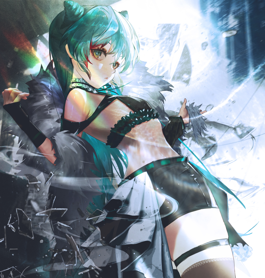 1girl absurdres aqua_hair black_choker black_shorts black_thighhighs breasts chinese_commentary choker commentary_request cone_hair_bun double_bun frilled_choker frills green_eyes hair_bun highres jin_sumire long_hair original shorts skindentation small_breasts solo stomach thigh_strap thighhighs