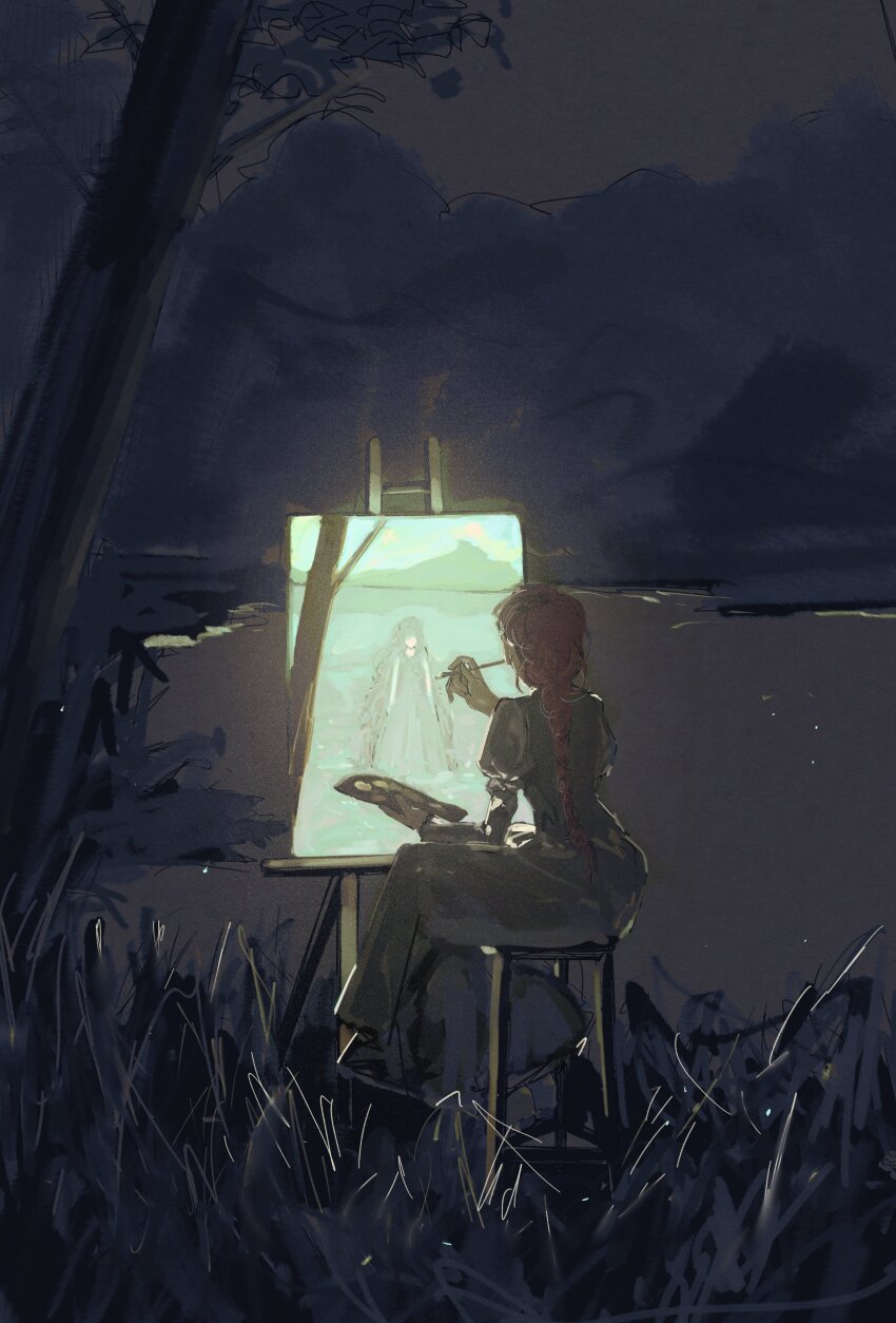 1girl absurdres braid braided_ponytail brown_hair canvas_(object) dark dress easel glowing grass highres holding holding_paint_palette holding_paintbrush holding_paint_palette juliet_sleeves korean_commentary long_hair long_sleeves mountainous_horizon night night_sky ocean original outdoors paint_palette paintbrush painting_(action) painting_(object) paint_palette puffy_sleeves sitting sky solo stool toktin_zq tree