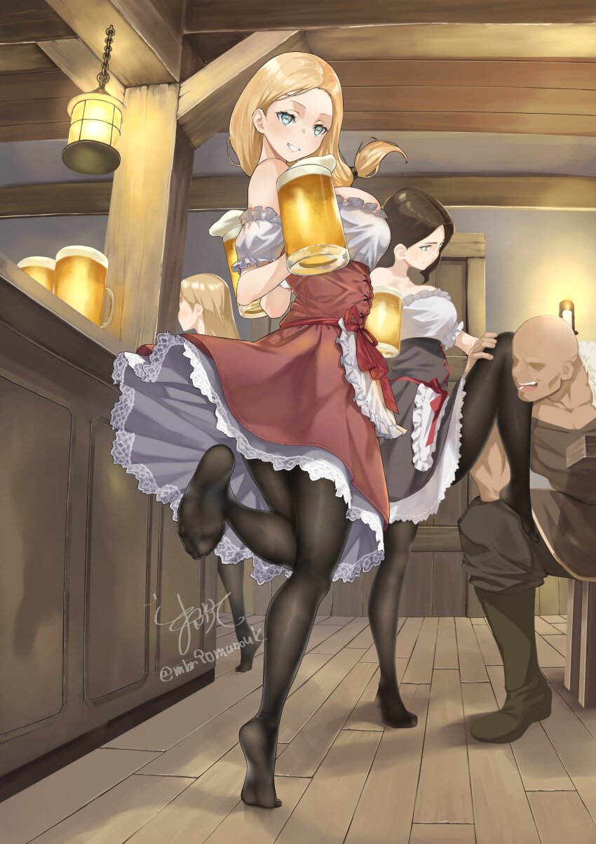 1boy 3girls absurdres apron bare_shoulders barmaid beer_mug black_pantyhose blonde_hair blue_eyes boots breasts brown_hair counter cup detached_sleeves dress faceless faceless_male feet foot_on_another&#039;s_thigh frills hashtag-only_commentary highres holding holding_cup indoors kneepits lamp large_breasts long_hair looking_at_viewer low_ponytail maburoku mug multiple_girls no_shoes original pantyhose ponytail puffy_short_sleeves puffy_sleeves short_sleeves signature smile soles standing standing_on_one_leg strapless strapless_dress tavern tiptoes toe_seam toes twitter_username waist_apron wooden_beam wooden_floor