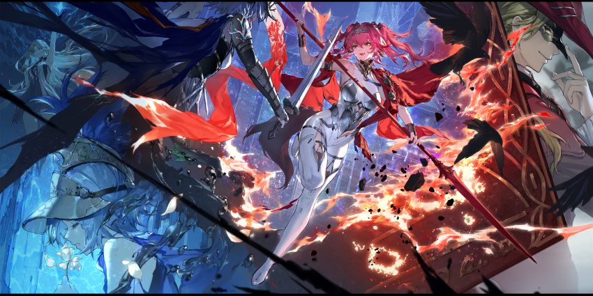 1boy 3girls absurdres arm_up armor black_dress black_feathers blonde_hair blue_hair bodysuit boots breastplate chinese_commentary closed_mouth collar commentary_request cristoforo_(wuthering_waves) dress earrings eye_mask feathers fleurdelys_(wuthering_waves) hairband highres holding holding_polearm holding_sword holding_weapon jewelry knight long_hair looking_at_viewer lupa_(wuthering_waves) metal_collar metal_hairband multiple_girls open_mouth pink_hair polearm red_sash sash short_hair smile swd3e2 sword thigh_boots weapon white_bodysuit white_boots wrist_guards wuthering_waves yellow_eyes