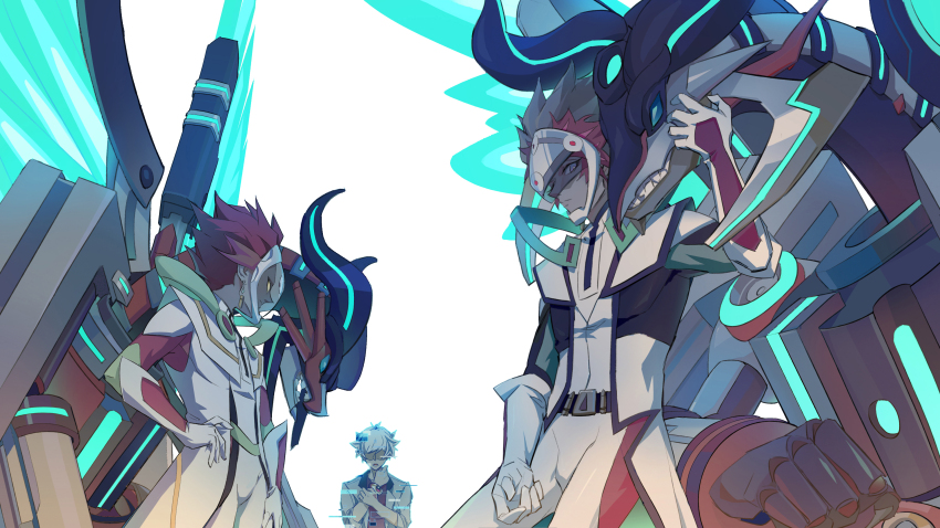3boys absurdres age_progression alternate_form arm_at_side arm_up assault_visor behind_another black_trim blue_trim bodysuit borreload_savage_dragon bullet_earrings clenched_hand coat diffeng_cn digital_dissolve earrings elbow_gloves faceless faceless_male facing_to_the_side facing_viewer gloves green_trim grey_eyes hair_slicked_back hand_on_another&#039;s_cheek hand_on_another&#039;s_chin hand_on_another&#039;s_face hand_on_own_arm hand_on_own_hip hand_on_own_thigh heads_together highres holding_own_arm horns jacket jewelry kneeling kogami_ryoken leaning_back leaning_forward leaning_on_object light_smile looking_to_the_side male_focus mechanical_arms mechanical_hands mechanical_head mechanical_horns mechanical_legs mechanical_tail mechanical_wings multicolored_hair multiple_boys non-humanoid_robot official_alternate_costume open_clothes open_jacket open_mouth pants pink_shirt red_hair red_trim revolver_(yu-gi-oh!) robot robot_dragon shirt sleeves_rolled_up solid_eyes streaked_hair tail trench_coat white_background white_bodysuit white_gloves white_hair white_jacket white_pants white_shirt wings yellow_eyes yu-gi-oh! yu-gi-oh!_vrains
