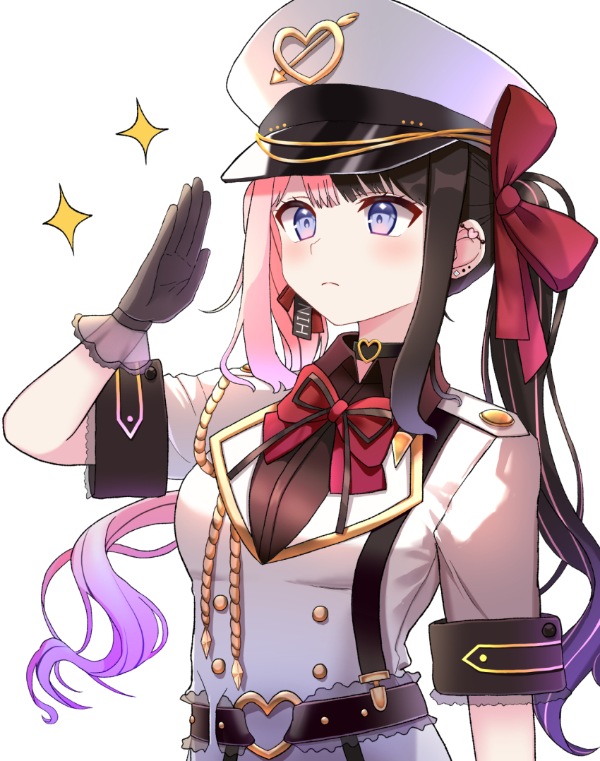 1girl black_choker black_hair blue_eyes bow bowtie choker closed_mouth ear_piercing gloves grey_gloves hair_ribbon hand_up hat highres kazumiya_yayoi light_blush long_hair multicolored_hair piercing pink_hair red_ribbon ribbon salute shirt solo sparkle tachibana_hinano_(2nd_costume) tachibana_hinano two-tone_hair upper_body virtual_youtuber vspo! white_background white_shirt