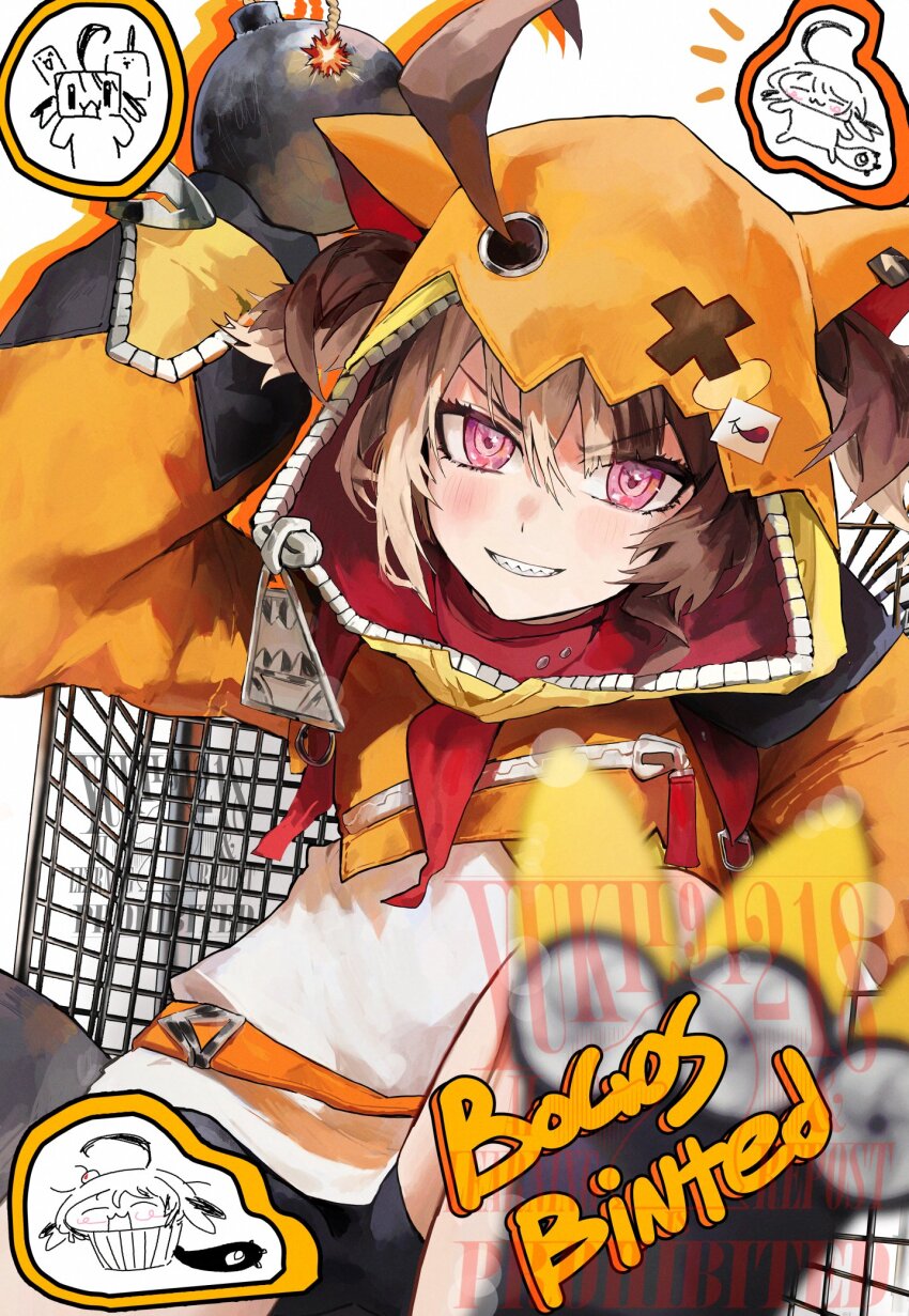 1girl ahoge black_gloves black_shorts blonde_hair bomb brown_hair cropped_hoodie explosive gigi_murin gigi_murin_(1st_costume) gloves hair_through_hood highres holding holding_bomb hololive hololive_english hood hood_up hoodie lit_fuse looking_at_viewer pink_eyes sharp_teeth shirt shorts solo teeth twintails virtual_youtuber watermark white_shirt yukii91218 zipper_pull_tab