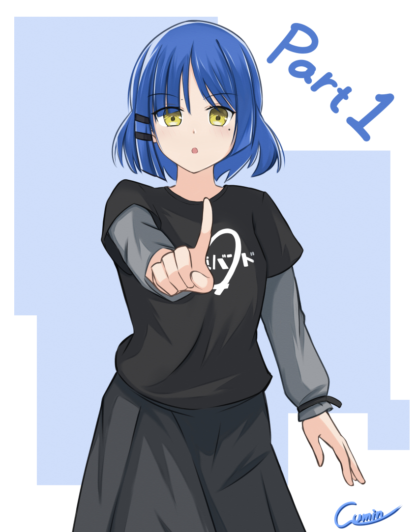 1girl absurdres artist_name black_shirt black_skirt blue_hair bocchi_the_rock! cowboy_shot grey_shirt hair_ornament highres layered_sleeves long_sleeves looking_at_viewer mole mole_under_eye pointing pointing_at_viewer reaching reaching_towards_viewer shirt shirt_under_shirt short_hair short_over_long_sleeves short_sleeves skirt solo standing takumitu_711 two-tone_background yamada_ryo yellow_eyes