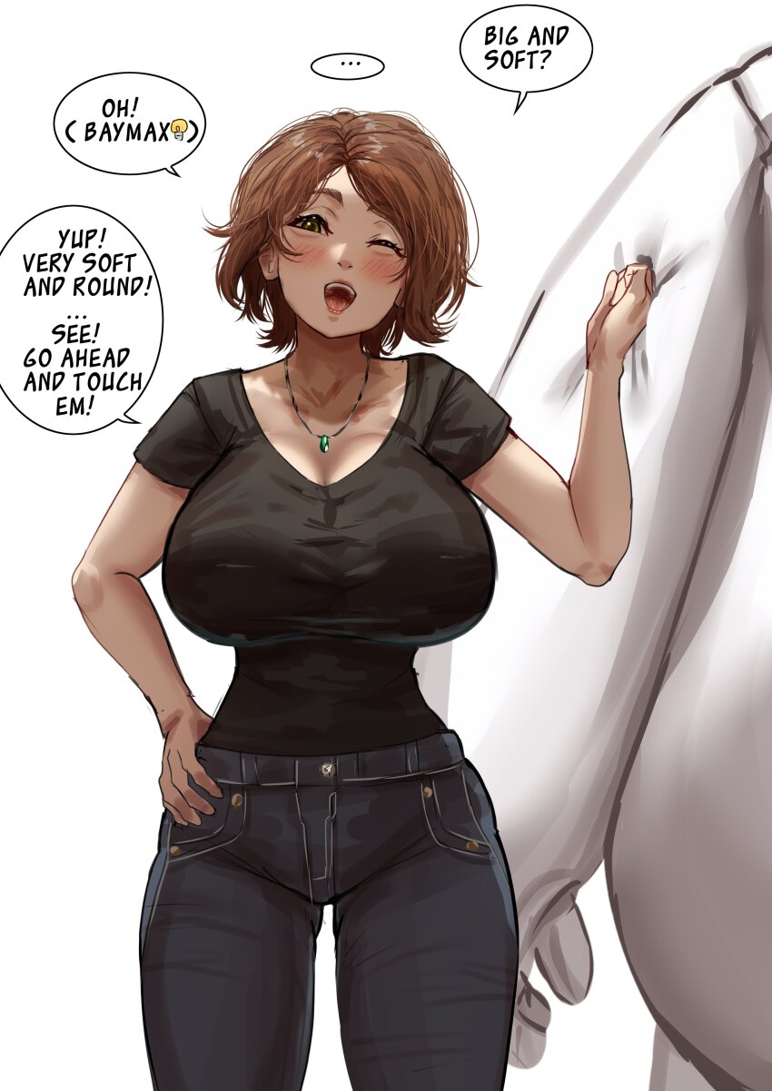 1girl absurdres baymax big_hero_6 blush breasts brown_hair cass_hamada english_text green_eyes hand_on_own_hip hh_(hehexd06161704) highres jewelry large_breasts mature_female necklace one_eye_closed open_mouth out_of_frame pants robot shirt short_hair speech_bubble