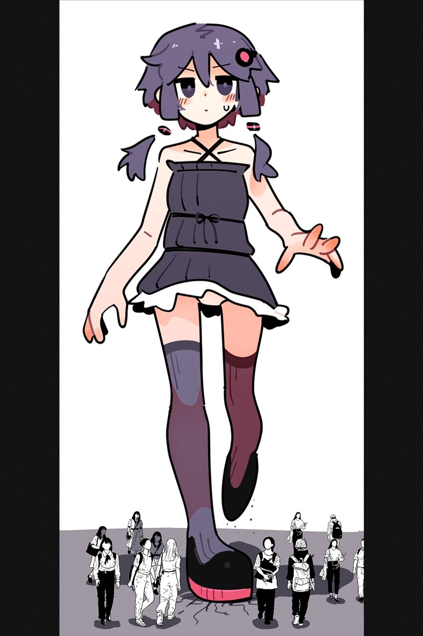 1girl adpx double-parted_bangs dress frilled_dress frills giant giantess ground_shatter hair_ornament halterneck highres panties people pillarboxed purple_dress purple_eyes purple_hair purple_thighhighs short_hair_with_long_locks sidelocks simple_background sleeveless solo_focus thighhighs underwear voiceroid waist_ribbon walking white_background yuzuki_yukari zettai_ryouiki