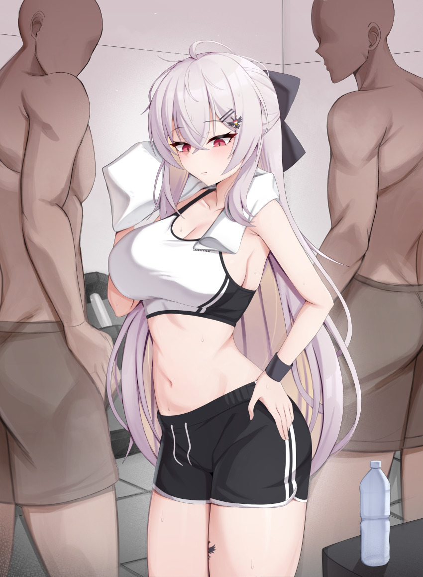 1girl 2boys absurdres ahoge armpit_crease bare_arms bare_shoulders black_shorts bow breasts cleavage closed_mouth colored_inner_hair commentary_request cowboy_shot crop_top dolphin_shorts drawstring faceless faceless_male girls&#039;_frontline hair_bow hair_ornament hairclip half_updo hand_on_own_hip hand_up highres iws_2000_(girls&#039;_frontline) kisa_(leg3043) korean_commentary large_breasts leg_tattoo long_hair looking_down midriff multicolored_hair multiple_boys navel red_eyes shirt short_shorts shorts sleeveless sleeveless_shirt solo_focus sports_bra standing stomach sweat sweatband tattoo towel towel_around_neck very_long_hair white_hair white_shirt