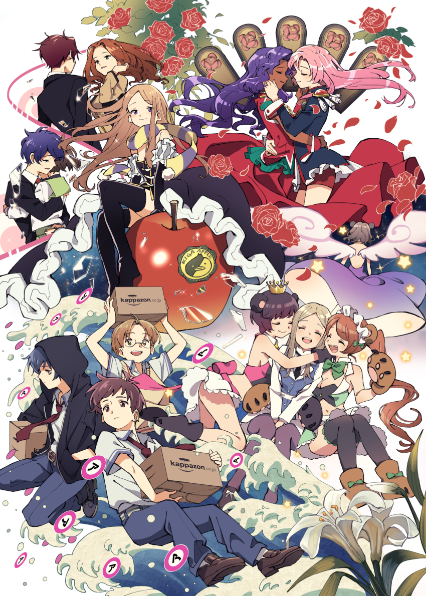 5boys 6+girls :d animal_ears animal_hands apple bad_id bad_pixiv_id bear_ears bear_paws bear_tail black_hair black_hoodie black_legwear blazer blue_hair boots box brand_name_imitation breasts broken_glass brothers brown_eyes brown_hair cardboard_box cleavage closed_eyes closed_mouth clothes_lift couple creator_connection crown dress dress_lift epaulettes fang floating_hair flower food freckles fruit girl_sandwich glass glasses gloves green_eyes half-closed_eyes hand_in_pocket hetero highres himemiya_anthy hood hoodie hug jacket jinnai_enta kuji_toi kumaria light_brown_hair lily_(flower) mawaru_penguindrum multiple_boys multiple_girls natsume_masako necktie oginome_ringo open_mouth paw_gloves paw_shoes petals pink_hair purple_dress purple_eyes purple_hair red_flower red_hair red_rose rose sandwiched sarazanmai scarf school_uniform serafuku shio_(s_alt_shio) shoes shorts shoujo_kakumei_utena siblings sitting skirt smile star_(symbol) sweater_vest tail takakura_himari takakura_kanba takakura_shouma tenjou_utena thigh_boots thighhighs tomboy tsubaki_kureha twintails waves white_flower wings yasaka_kazuki yuri yuri_kuma_arashi yurigasaki_lulu yurishiro_ginko