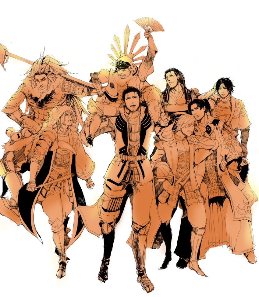 armor carrying carrying_person date_masamune fan folding_fan hand_fan helmet highres ishida_mitsunari maeda_keiji monochrome naoe_kanetsugu saika_magoichi sanada_yukimura_(sengoku_musou) sengoku_musou shima_sakon sitting_on_shoulder toyotomi_hideyoshi