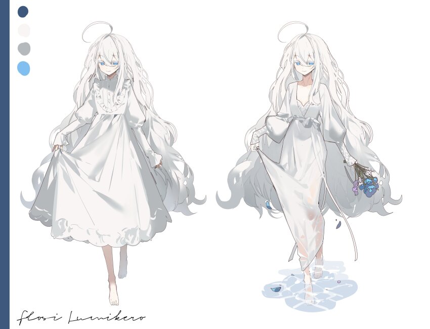 1girl absurdres asphyxia17 barefoot collarbone dress flower hair_between_eyes highres holding holding_flower lifting_own_clothes long_hair looking_at_viewer original puffy_sleeves signature simple_background skirt_hold smile standing very_long_hair white_background white_dress white_hair