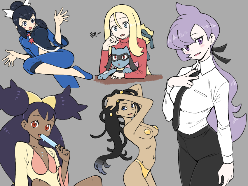 5girls alternate_color alternate_costume anabel_(pokemon) bad_id bad_pixiv_id black_hair black_neckwear black_pants black_ribbon blonde_hair blue_eyes blue_footwear blue_pants blush breasts capri_pants clenched_hand collarbone collared_shirt commentary dahlia_(pokemon) dark-skinned_female dark_skin eyelashes flats food frontier_brain gen_4_pokemon grey_background grey_eyes gym_leader hair_ribbon hand_up hands_up highres holding holding_stick iris_(pokemon) jacket korrina_(pokemon) liza_(pokemon) long_hair long_sleeves looking_at_viewer multiple_girls navel necktie nintendo nutkingcall open_mouth panties pants pasties pokemon pokemon_(creature) pokemon_bw pokemon_dppt pokemon_oras pokemon_platinum pokemon_sm pokemon_xy ponytail popsicle purple_eyes purple_hair red_sweater ribbon riolu sexually_suggestive shiny_pokemon shirt simple_background smile stick sweater turtleneck turtleneck_sweater two_side_up underwear v white_ribbon white_shirt yellow_panties