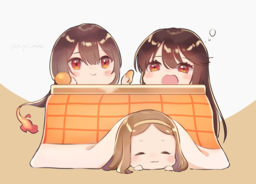 1boy 2girls :3 aunt_and_niece blush_stickers brother_and_sister brown_background brown_hair center-flap_bangs chacha_(fate) chestnut_mouth chibi chibi_only closed_eyes closed_mouth fate/grand_order fate_(series) fiery_hair food forehead fruit hair_between_eyes hairband holding holding_food kotatsu long_hair low_ponytail lying mandarin_orange mandarin_orange_slice mipi multiple_girls oda_nobukatsu_(fate) oda_nobunaga_(fate) oda_nobunaga_(koha-ace) on_stomach open_mouth parted_hair ponytail red_eyes siblings sidelocks smile squeans table twitter_username uncle_and_niece under_kotatsu under_table white_background yellow_hairband